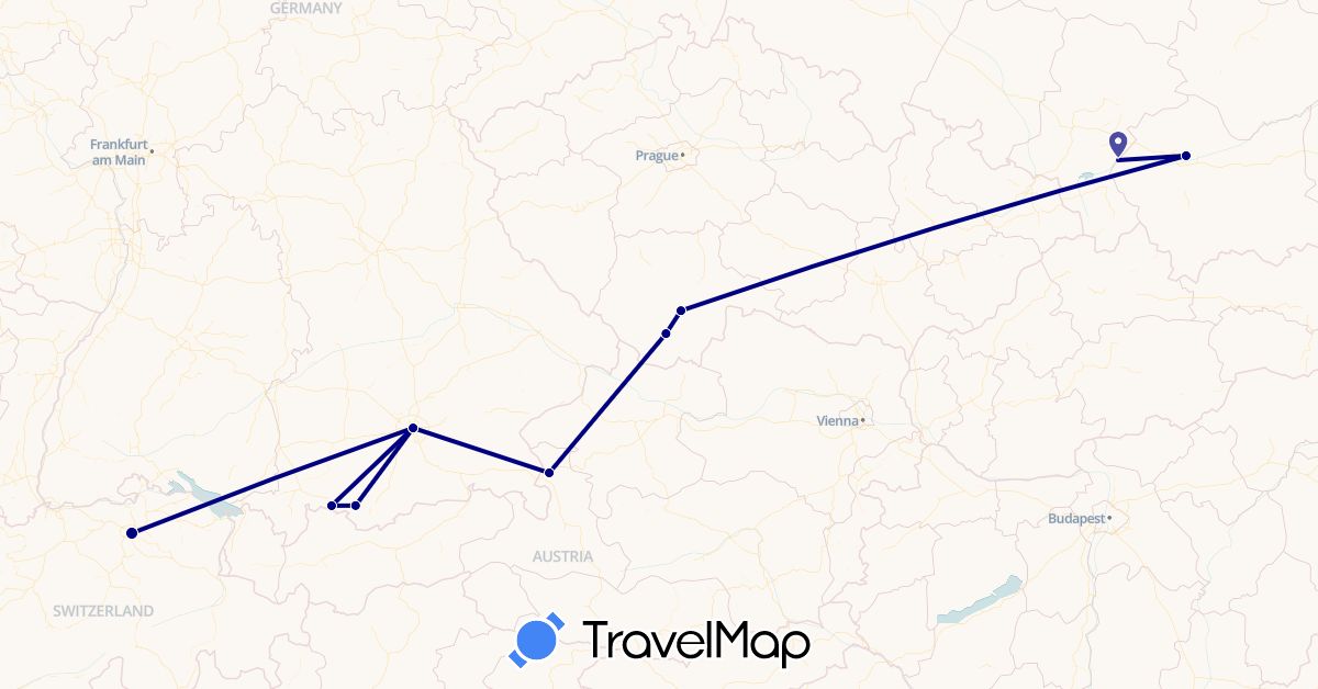 TravelMap itinerary: driving in Austria, Switzerland, Czech Republic, Germany, Poland (Europe)